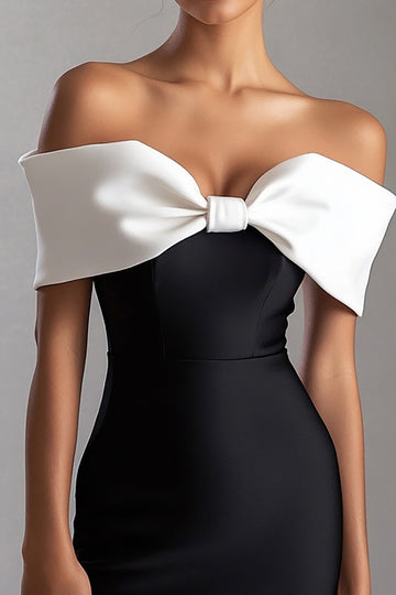 Black White Off the Shoulder Bow Satin Mini Dress